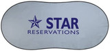 A light blue auto sunshade with a black border and a logo featuring the word "STAR RESERVATIONS".