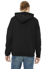 A unisex black fleece pullover hoodie with a large hood, viewed from the back, worn with blue jeans.