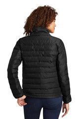 A black puffer jacket with a full zip and a high collar, viewed from the back. Features a logo on the sleeve.