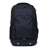 A dark navy backpack featuring multiple compartments and zippers, with a logo on the front.