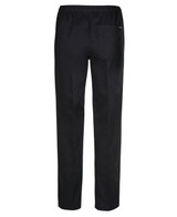 Black elasticated chef pants featuring a single back pocket and a logo.