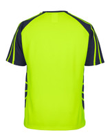 A work t-shirt in bright yellow with navy accents on the sleeves and sides, featuring a logo.