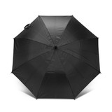 A black umbrella with a sleek design, featuring a handle and a smooth fabric surface.
