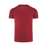 A red men's active tee with a crew neckline and short sleeves, featuring a logo on the neckline.