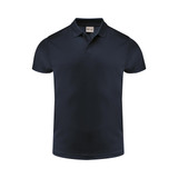 A navy blue men's polo shirt with a collar and short sleeves, featuring a branding logo.