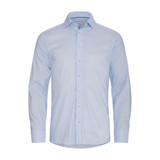 A light blue and white checkered button-up shirt featuring long sleeves and a collar, with a branding logo.