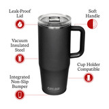 A drink bottle in matte black, featuring a soft handle, leak-proof lid, and vacuum insulated steel design.