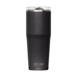 A drink bottle in matte black with a clear lid and a logo at the base.