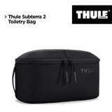 A black Thule Subterra 2 Toiletry Bag with a removable pouch and a logo on the side.