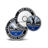 Three hard enamel poker chip ball markers in black, silver, and blue featuring various designs and a logo.