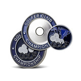 A set of three round soft enamel magnetic ball markers in navy blue and silver, featuring golf-themed designs and a logo.