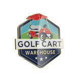 A hard enamel ball marker featuring a golf cart design with red and blue colours and a logo.