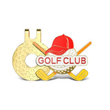A gold golf hat clip featuring a golf ball with a red cap, golf clubs, and a logo.