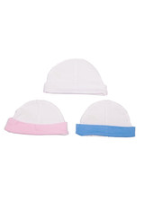 Three white baby caps, featuring pink and blue band details at the bottom. One cap has a pink band, another has a blue band.