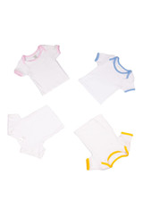 Four baby short sleeve tees in white, each with coloured necklines: pink, blue, and yellow accents. Includes a logo.
