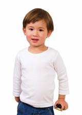 A white long-sleeve t-shirt worn by a young child, holding a toy car in one hand.