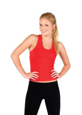 A red women's self brassiere singlet paired with black leggings, featuring a basic design and a logo.