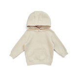 A beige kangaroo pocket hoodie for babies with a hood and long sleeves. It features a logo.