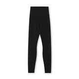 A pair of women’s high rise full-length leggings in black, featuring a wide waistband and a sleek design.