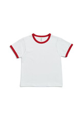 A white kids' ringer tee with red trim along the collar and sleeves. It features a logo on the label.