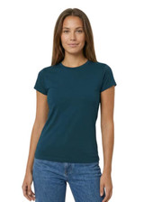 A pink women's T-shirt with a fitted design and a crew neckline. It features a logo on the inner label.