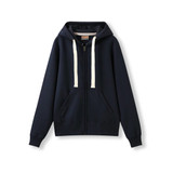 A navy heavy zip fleece hoodie with a hood, front pockets, and contrasting drawstrings.
