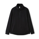 A black polar fleece half zip top with side pockets and a collar. Features a logo on the label.