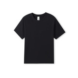 A black organic T-shirt for kids with short sleeves, featuring a label and no visible logos.