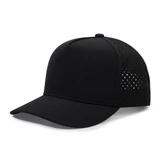 A black 5-panel sports mesh cap with a curved brim and ventilated mesh sides, featuring a logo.