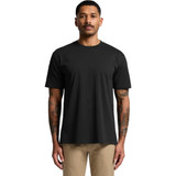 A black short-sleeved t-shirt on a model, featuring a round neckline and a logo.