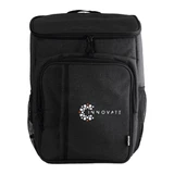A black backpack with a front pocket, mesh side pockets, and a logo on the front.