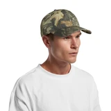 A camo cap in shades of green and brown, featuring a curved brim and a logo on the side, worn by a man.