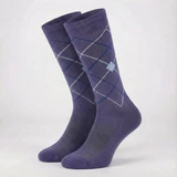 A pair of purple equestrian socks featuring a diamond pattern and a branding logo.