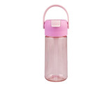 A drink bottle in pink and clear with a handle and a flip-top lid, featuring a logo on the side.