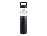 A drink bottle with a matte black finish, featuring a chug spout and a transparent screw-on lid, includes a logo.