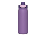 A drink bottle in purple with a flip-top lid. It features a design and a logo.