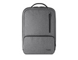 A grey backpack with a clean design featuring a front pocket and a logo. It has a handle on top.