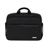 A black laptop bag with dual handles and a front zipper pocket, featuring a logo.