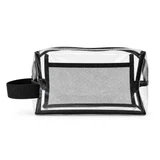 A clear cosmetic bag with a black mesh panel and a black handle. It features a zip closure and a simple design.