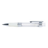 A plastic pen featuring a clear barrel and a white grip, with a chrome clip and tip.