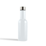 A drink bottle in a light blue color with a stainless steel lid and a sleek design, featuring a logo.
