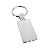A silver metal keyring with a rectangular, flat pendant and a round keychain attachment.