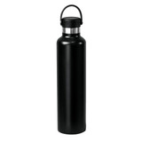 A drink bottle in matte black stainless steel, featuring a stainless steel lid and a handle.