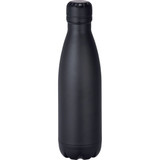 A drink bottle in matte black finish, featuring a sleek design and a logo on the surface.