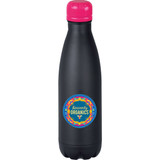 A drink bottle featuring a sleek black design with a pink lid and a colourful logo label.