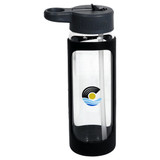 A drink bottle made of clear glass with a black silicone cover, featuring a logo on the side and a grey lid.