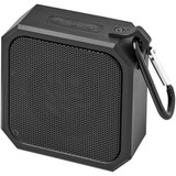 A black outdoor waterproof Bluetooth speaker with a textured grill and a metal carabiner attached.