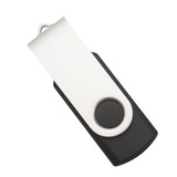 A black and white rotating USB flash drive with a circular button, 4GB storage capacity, and a logo.