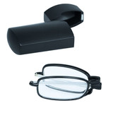 Folding reading glasses in black, displayed next to a black case. The glasses are folded and resting on a flat surface.