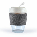 A reusable coffee cup with a frosted lid, featuring a grey felt band for insulation.